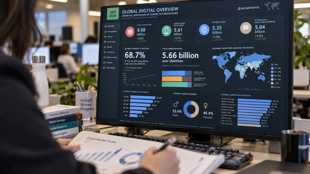 Layar monitor analitik menampilkan dasbor Global Statshot DataReportal dengan angka capaian 5,66 miliar identitas pengguna media sosial.