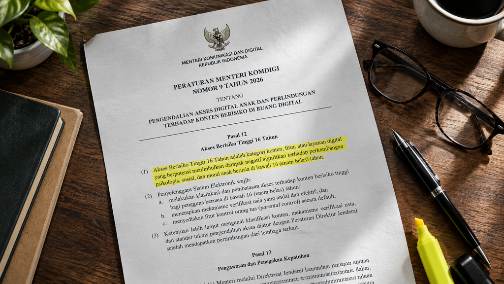 6 Bulan PP Tunas, TikTok Nonaktifkan 9 Juta Akun Anak Bawah 16 Tahun 2 Dokumen cetak peraturan Komdigi tentang tata kelola sistem elektronik yang mengatur batas usia pengguna media sosial.
