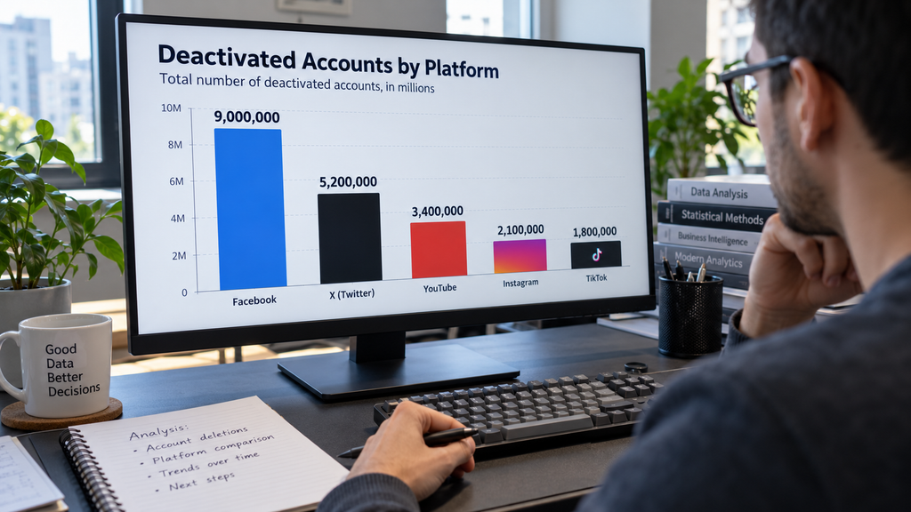 6 Bulan PP Tunas, TikTok Nonaktifkan 9 Juta Akun Anak Bawah 16 Tahun 4 Layar monitor menampilkan grafik statistik jumlah jutaan akun anak yang telah dinonaktifkan oleh berbagai platform media sosial.