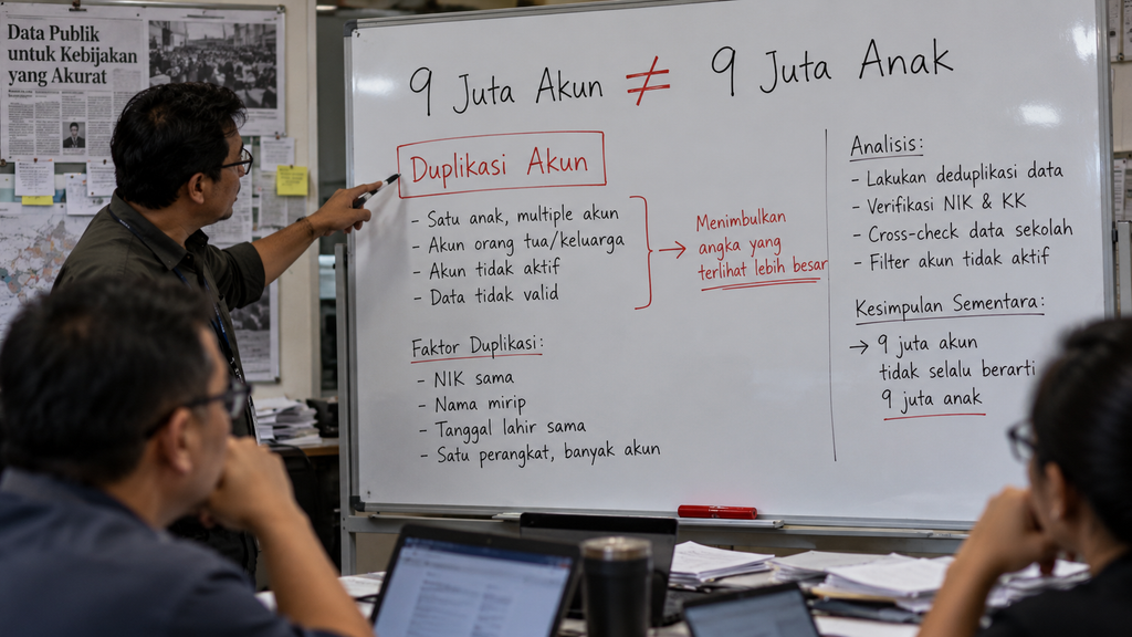 6 Bulan PP Tunas, TikTok Nonaktifkan 9 Juta Akun Anak Bawah 16 Tahun 5 Papan tulis di ruang rapat redaksi yang menjelaskan bahwa 9 juta akun tidak merepresentasikan 9 juta anak unik karena adanya duplikasi.