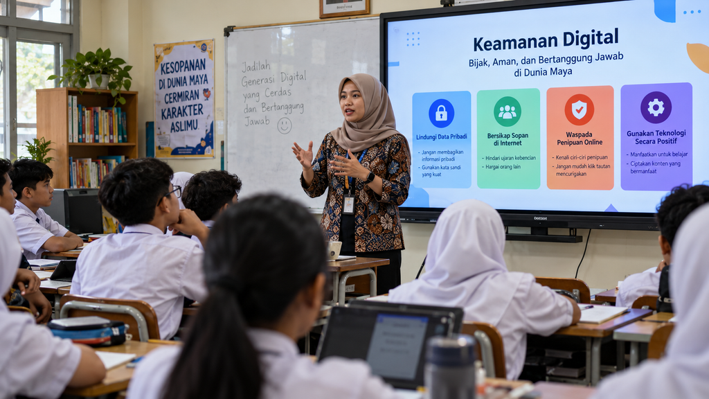 6 Bulan PP Tunas, TikTok Nonaktifkan 9 Juta Akun Anak Bawah 16 Tahun 12 Seorang guru memberikan materi literasi digital dan keamanan internet kepada para siswa di ruang kelas sebagai langkah edukasi preventif.