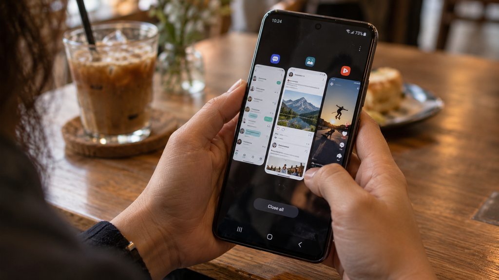 Seseorang beralih antarmuka antar aplikasi pesan instan, platform video, dan media sosial utama pada perangkat ponsel pintar.