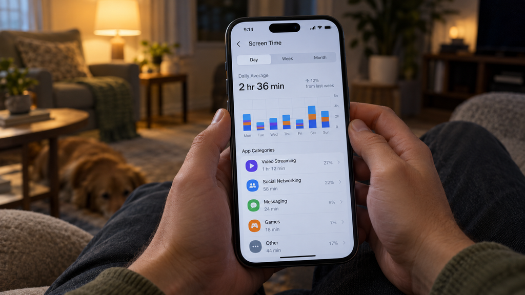 Pemeriksaan durasi waktu layar harian 2,5 jam pada menu pengaturan kesehatan digital smartphone di ruang santai.