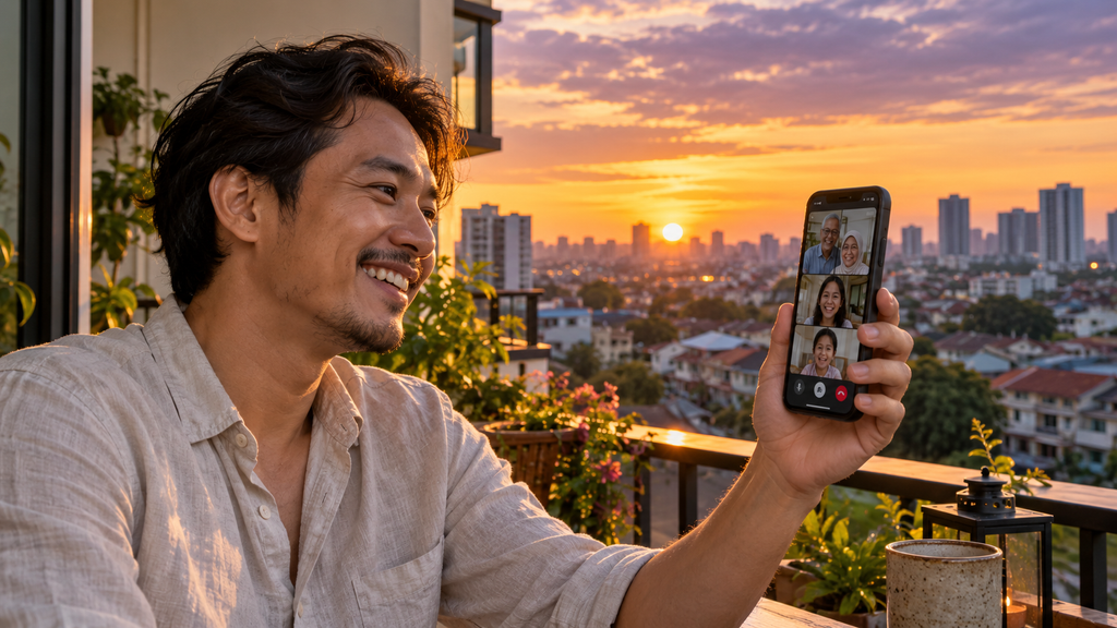 Seorang pria tersenyum melakukan panggilan video dengan keluarga jarak jauh melalui smartphone di balkon apartemen.
