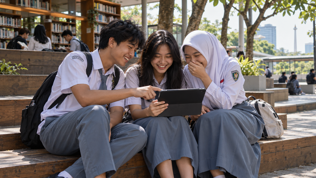 Kelompok remaja pelajar Indonesia duduk bersama di area terbuka ruang publik mengakses gawai dan internet.